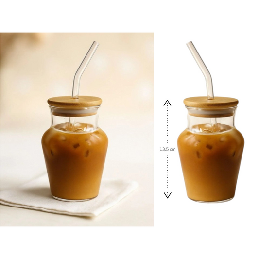 Curvy Clear Glass Drinking Cup with Bamboo Lid and Glass