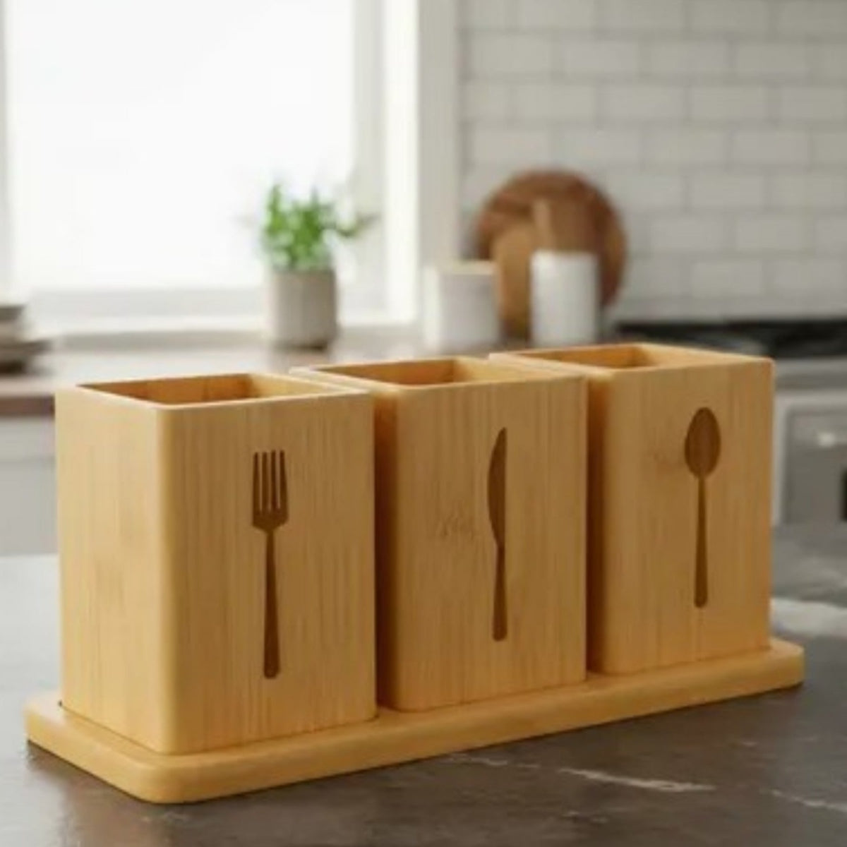 Bamboo Cutlery Holder 3 Engraved Square Cups on a Plate