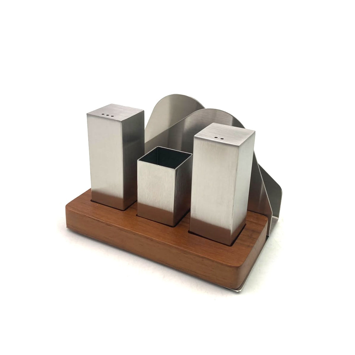 SS Salt,Pepper,Toothpicks & Tissue Wooden Stand