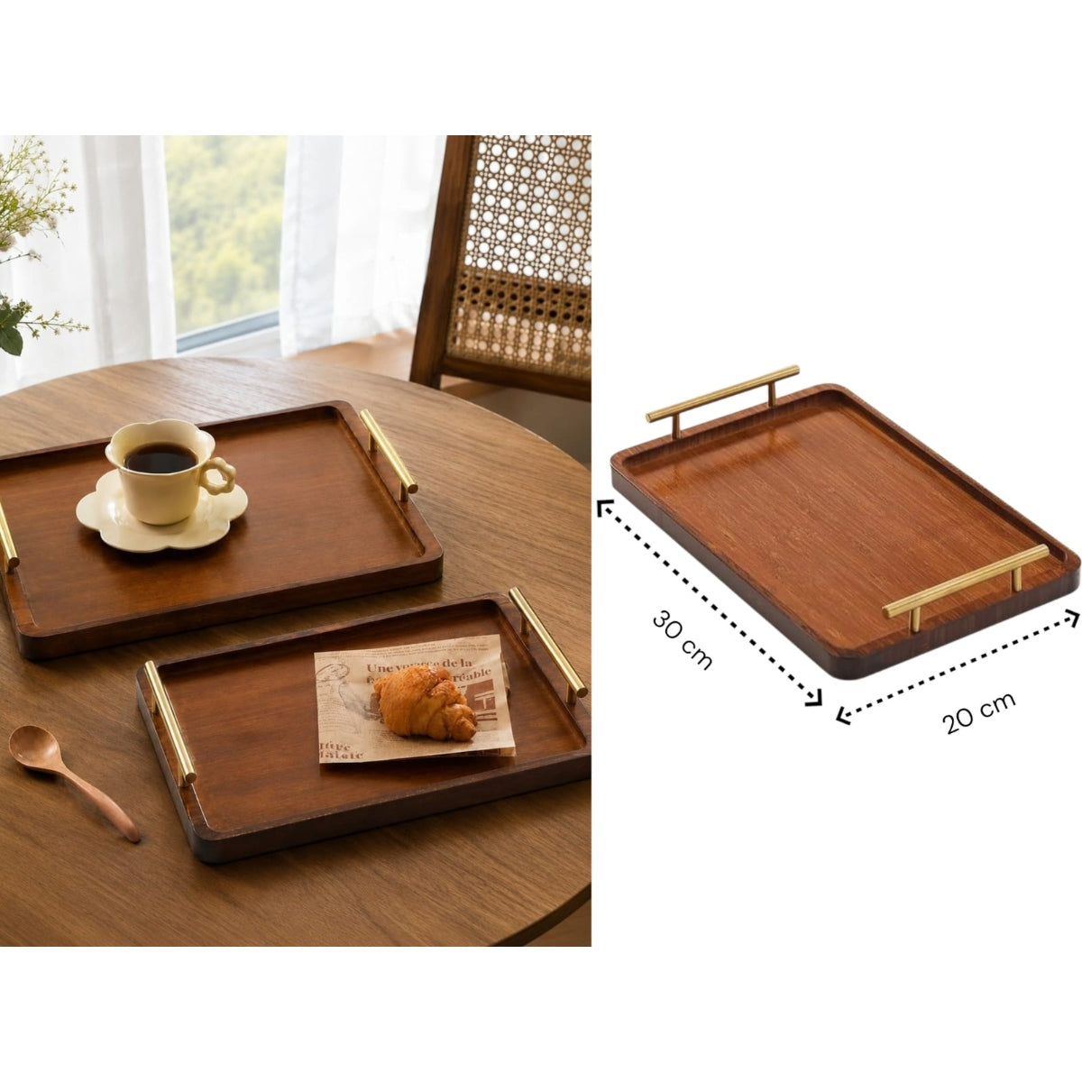 High Quality Small Borwn Wooden Tray with Golden Handles