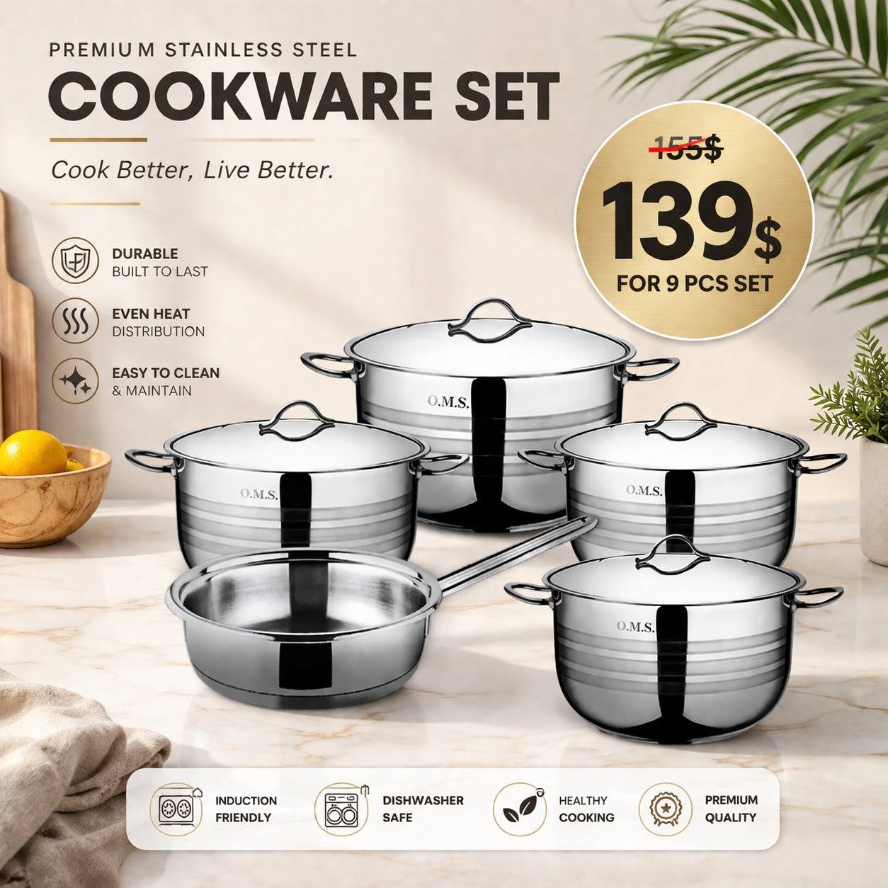OMS stainless steel 5 pieces cookware set