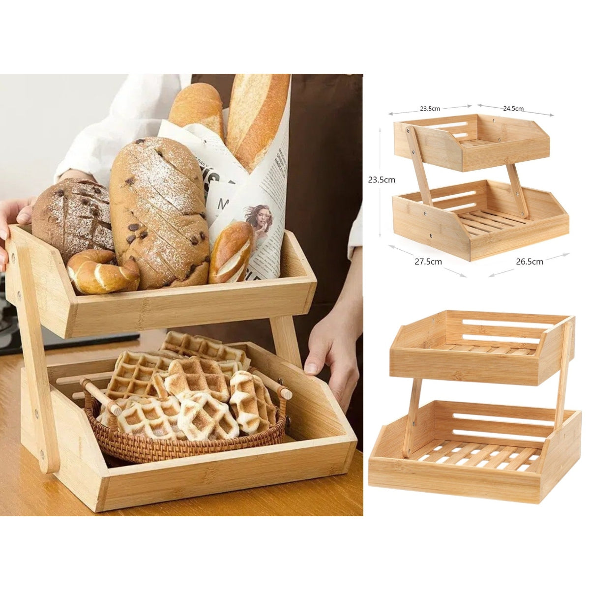 Wooden Bamboo Fruit Basket for Kitchen Counter 2 Tier