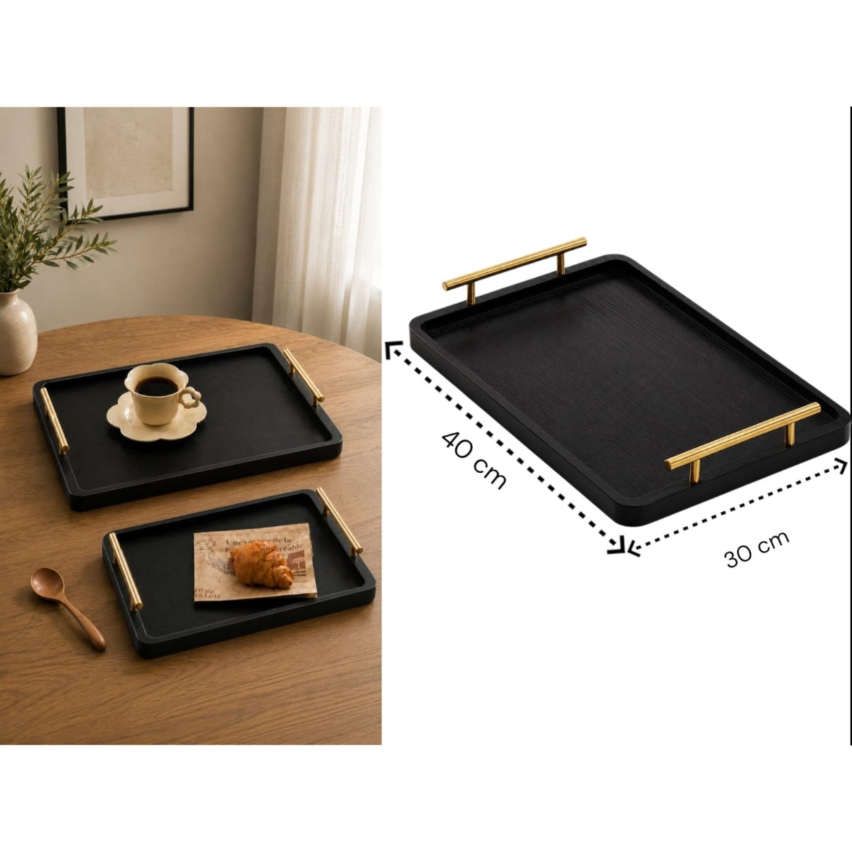 High Quality Large Black Wooden Tray with Golden Handles