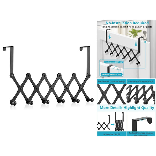Expandable Black Metallic over the door hanger with 6 hooks