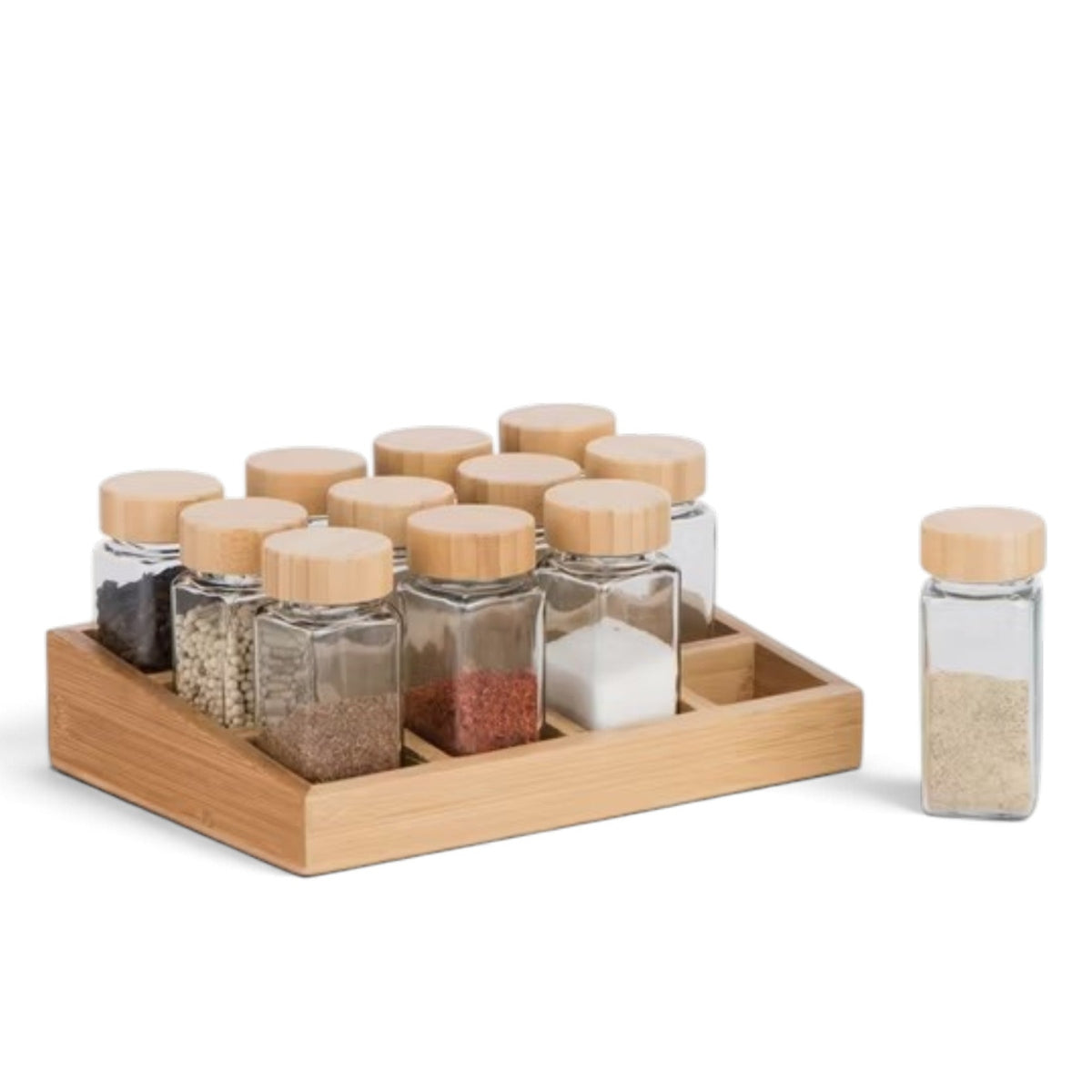 Set of 12 Glass Spice Jars with Bamboo Stand