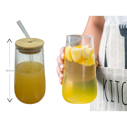 Long Smooth Clear Glass Drinking Cup with Bamboo Lid an
