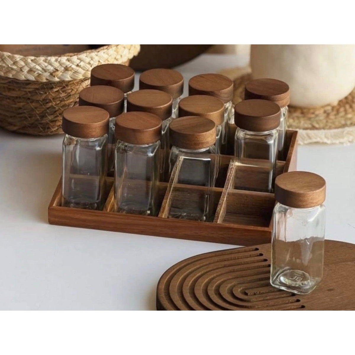 Set of 12 Glass Spice Jars with Acacia cover and Stand