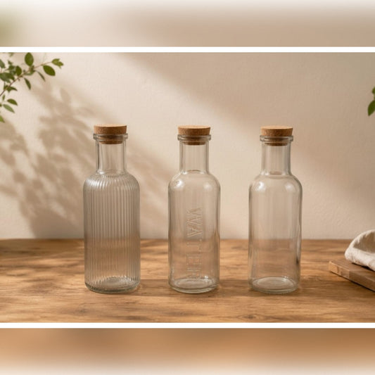 Glass Bottle w Cork Cover Embossed Designs
