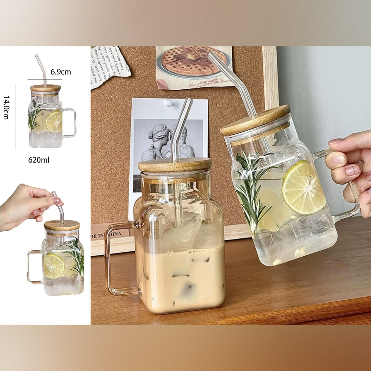 Large Square Clear Glass Drinking Mug with Bamboo Lid