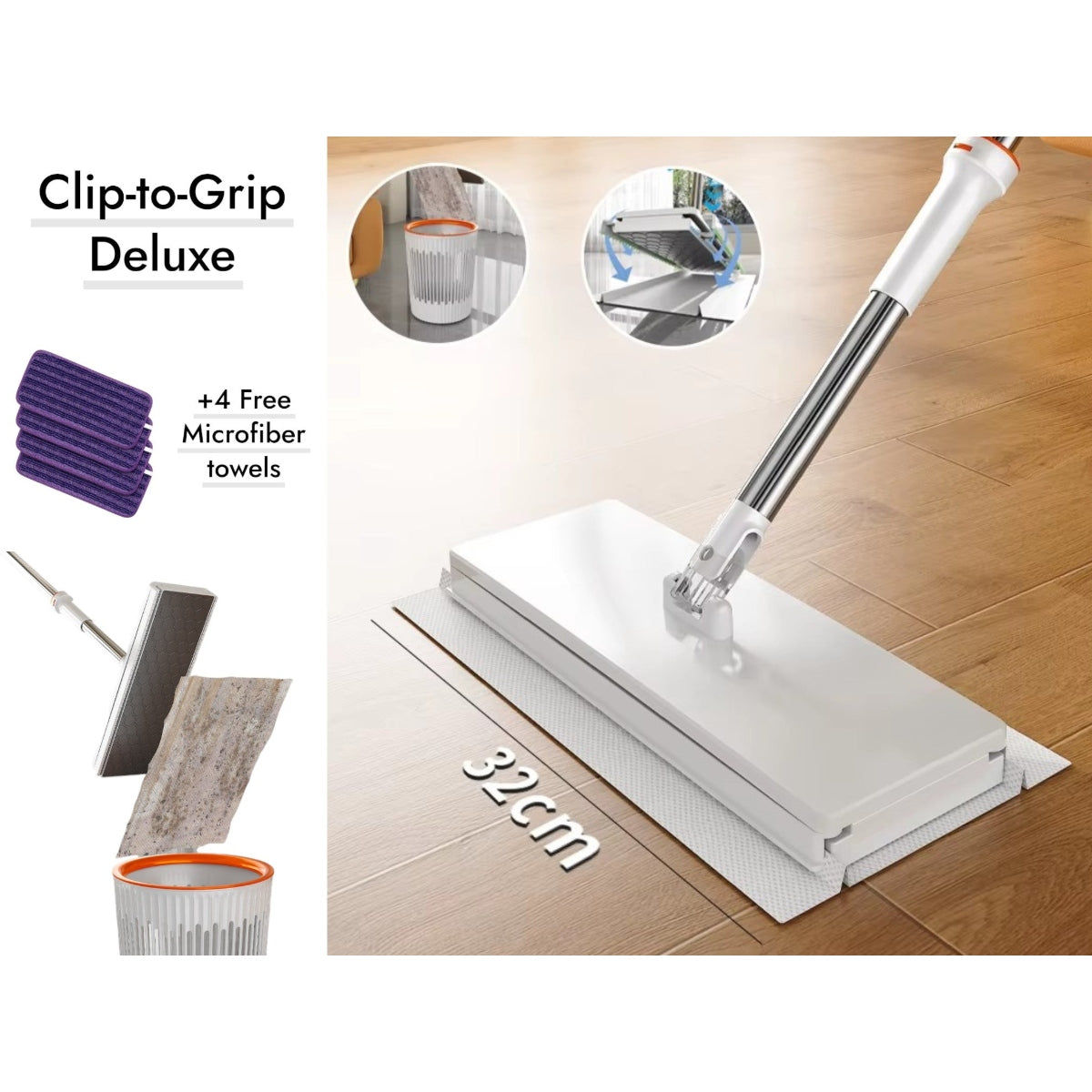 Deluxe Clip-to-Grip Mop 32 cm with 4 Microfiber Towels