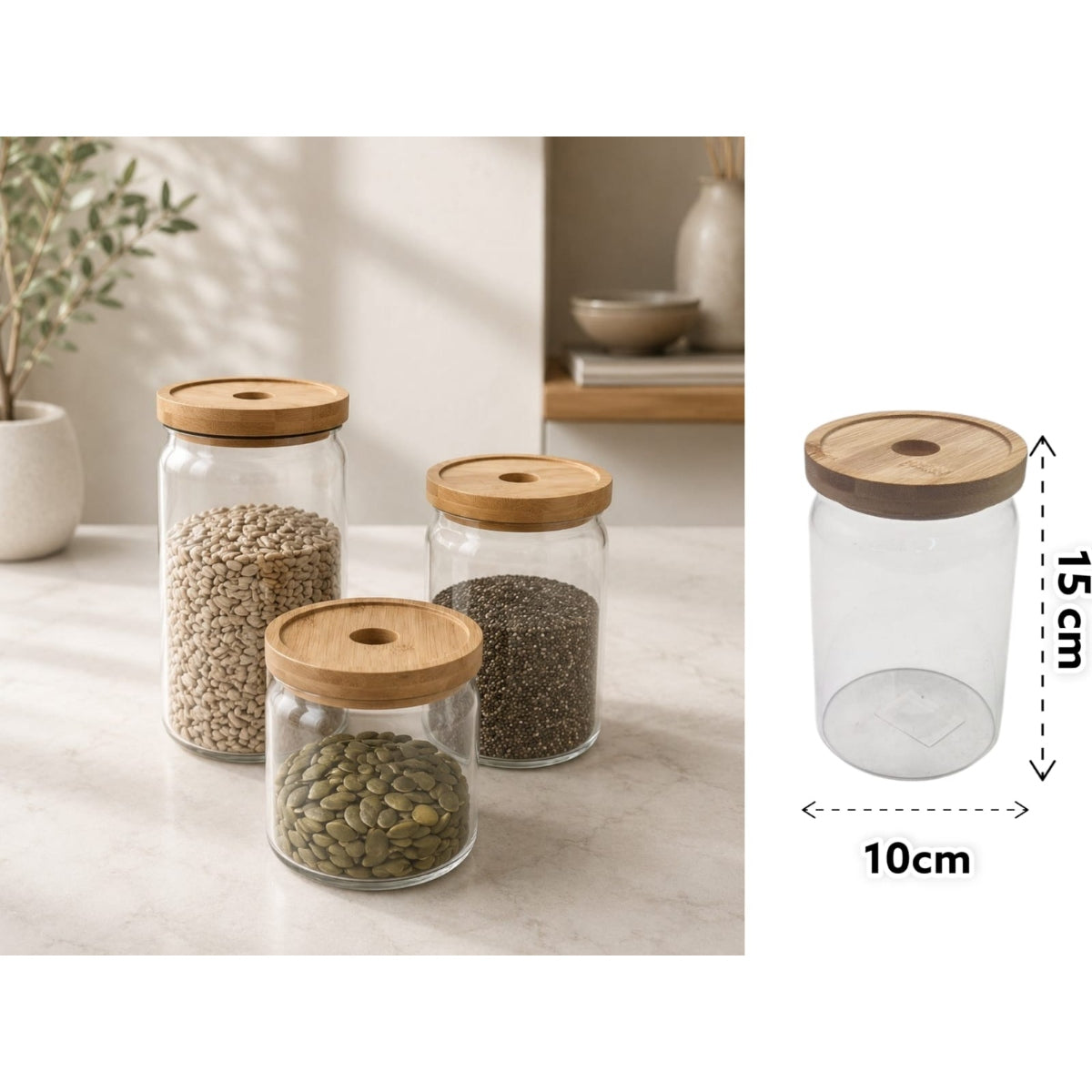 Borosilicate Glass Round Jar Modern Bamboo Cover 900 ml