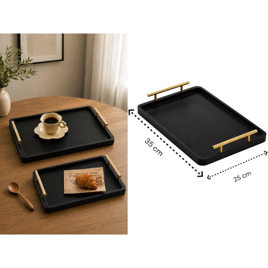 High Quality Medium Black Wooden Tray with Golden Handle