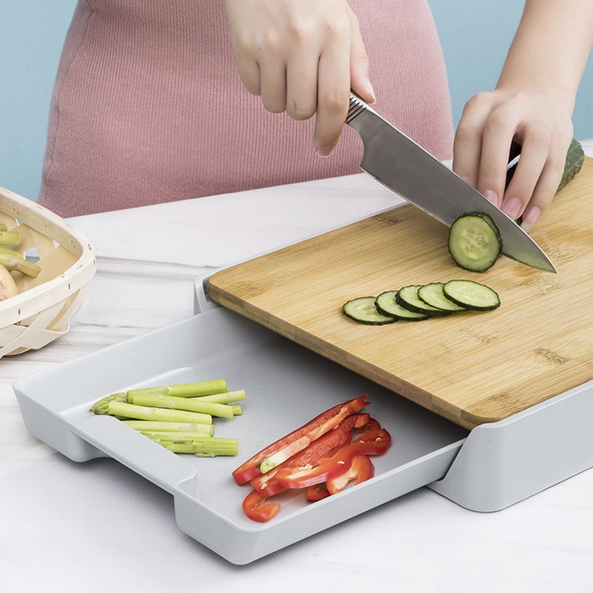 Bamboo Cutting Board with Plastic Drawer