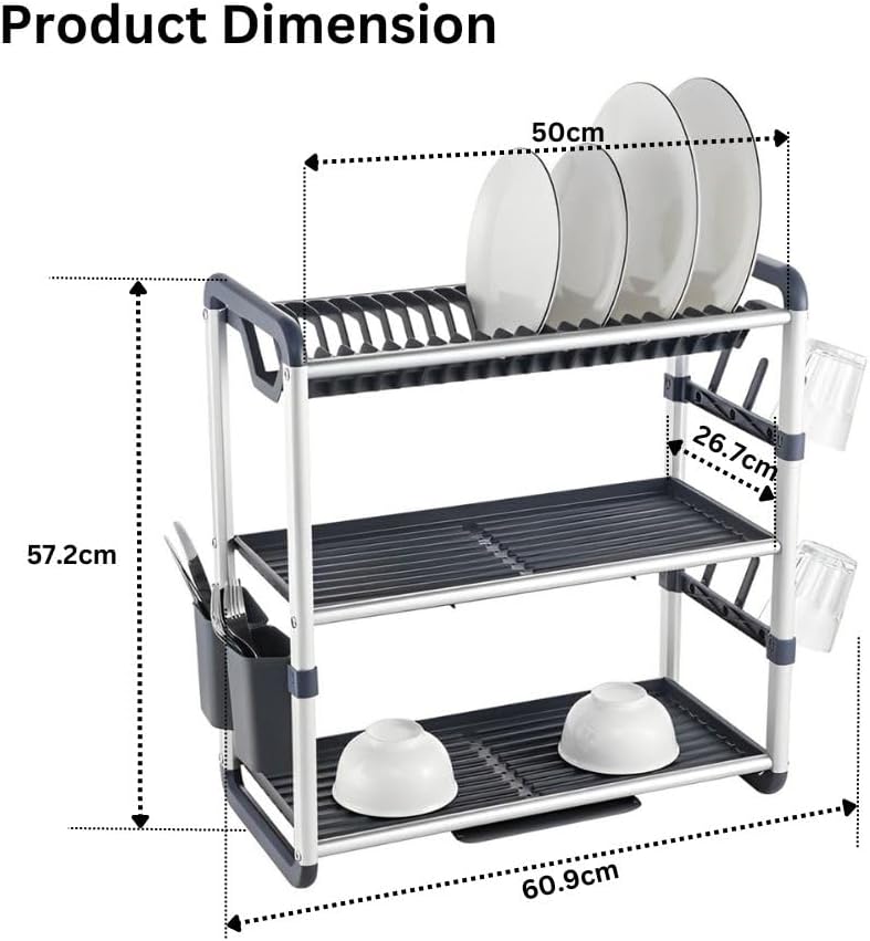 3 Tiers Aluminum Dish Rack with Removable Plastic Tray