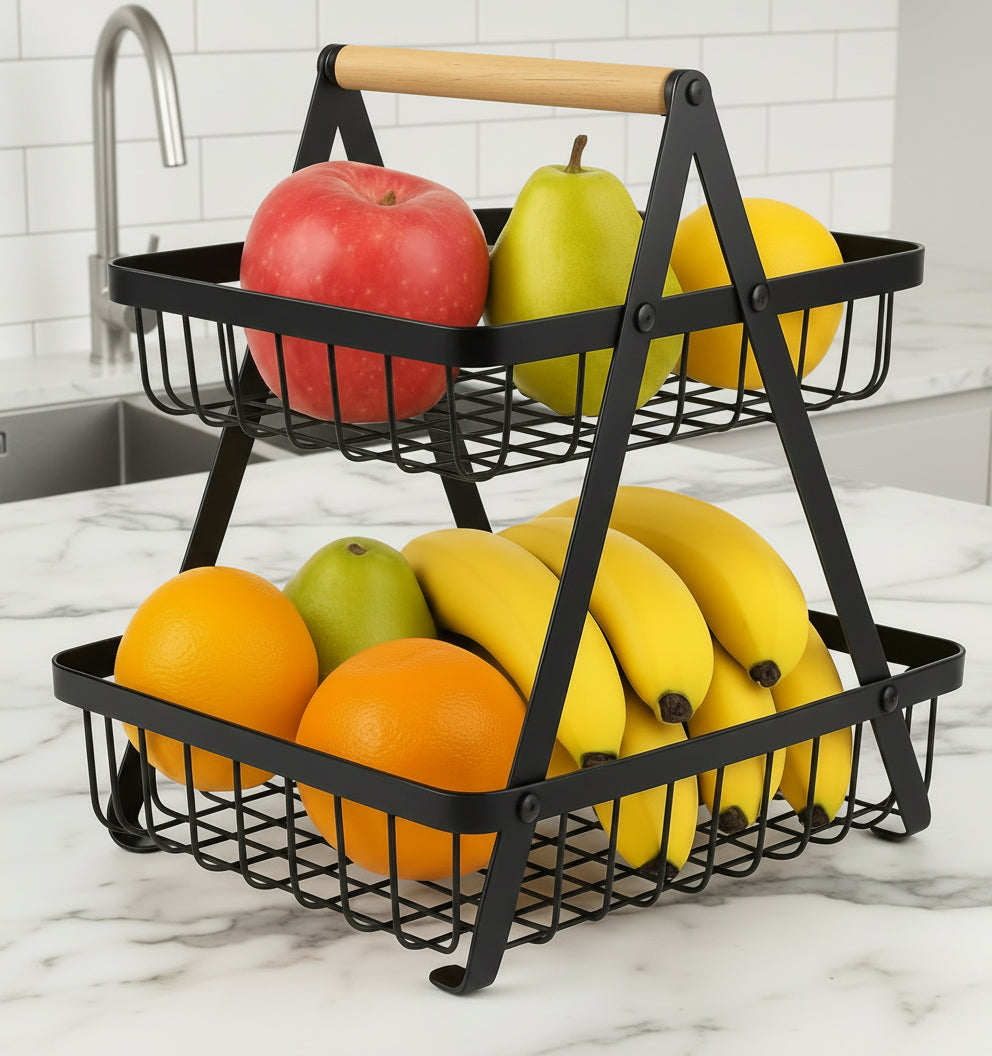 Black Iron 2 Tiers Fruit Basket with Wooden Handle