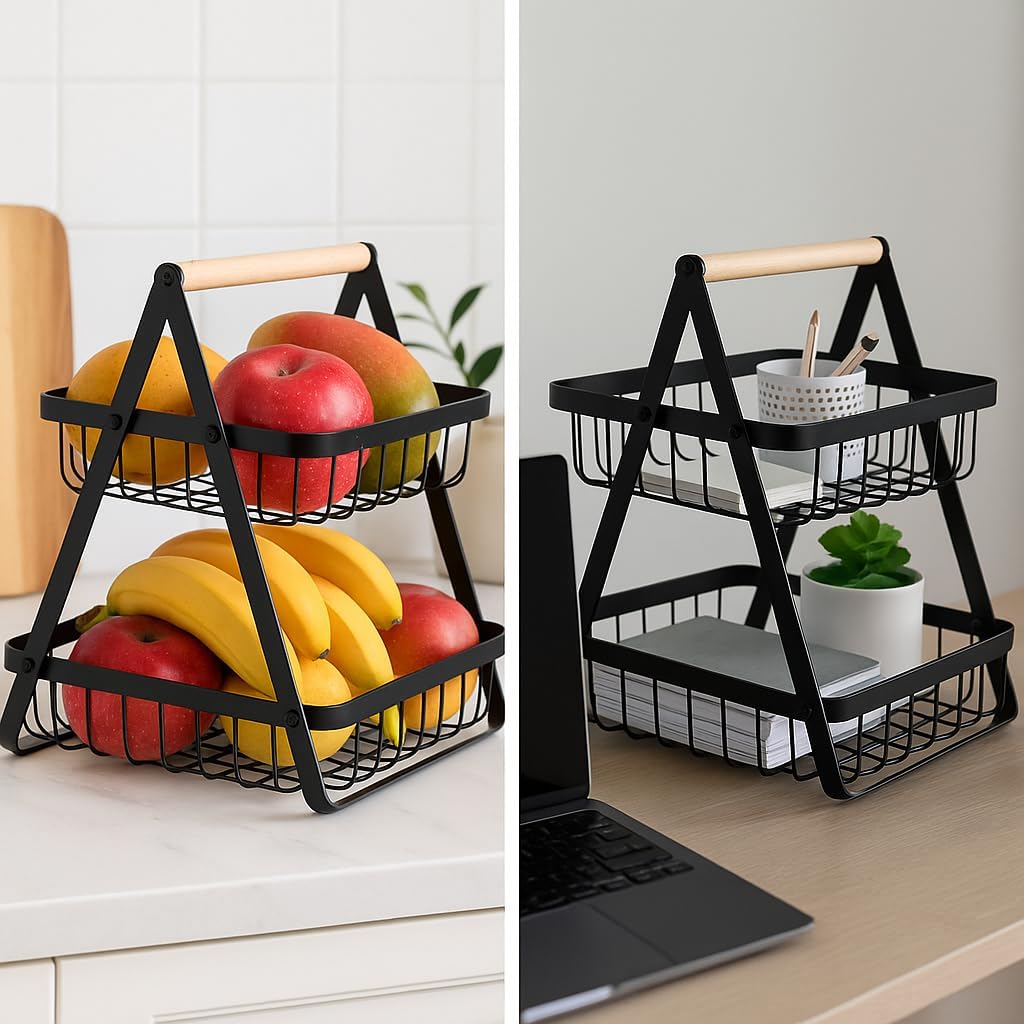 Black Iron 2 Tiers Fruit Basket with Wooden Handle