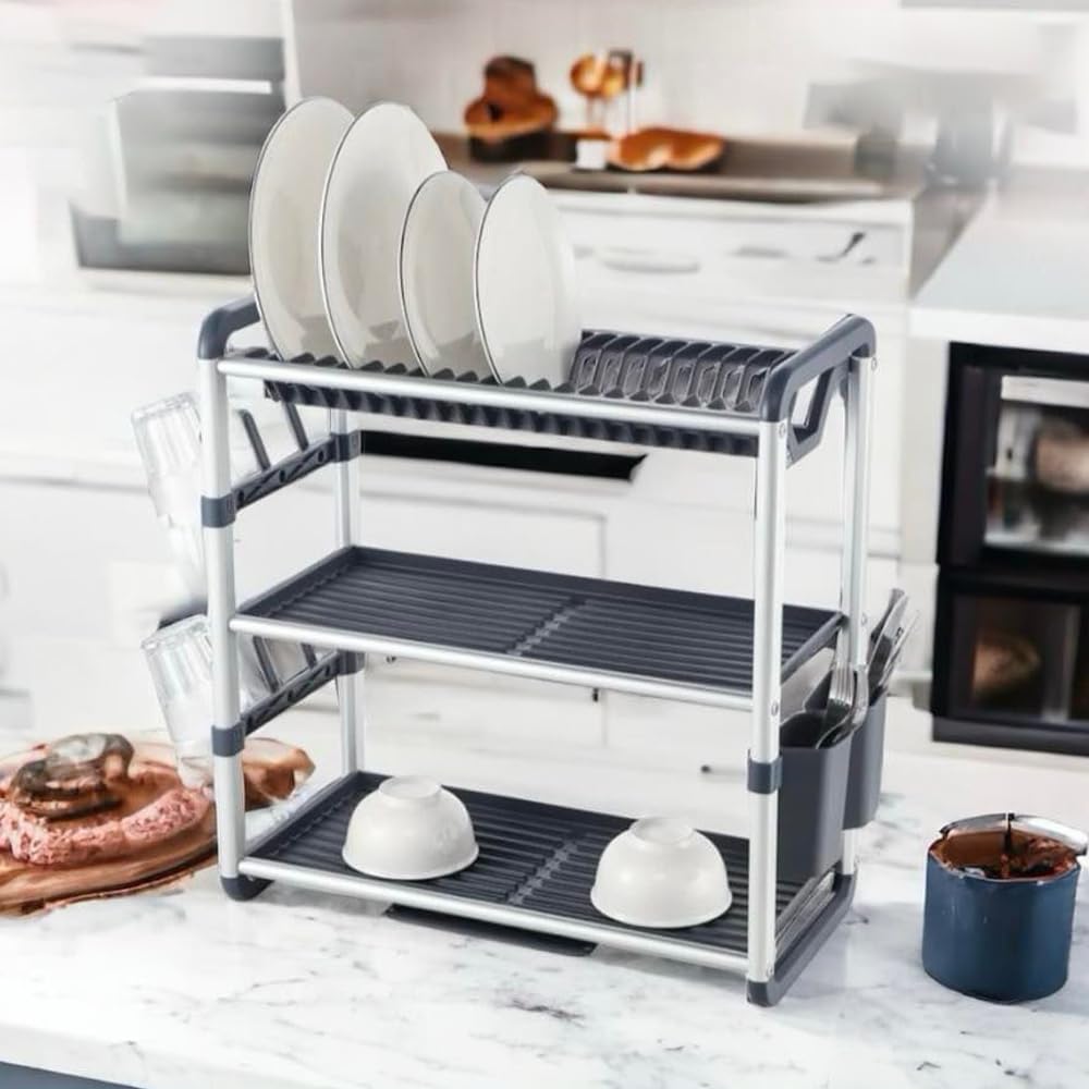 3 Tiers Aluminum Dish Rack with Removable Plastic Tray