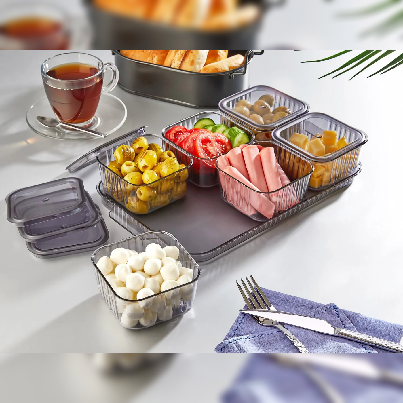 Acrylic Rectangular Tray with 6 Squared Bowls with Cover - Lunaz Shop