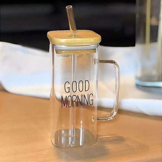 Borosilicate "Good Morning" Glass Squared Mug With Glass Straw 400 ml