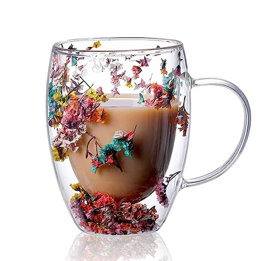 Flowery Double Wall Glass Mug 350 ml - 12 cm - Lunaz Shop