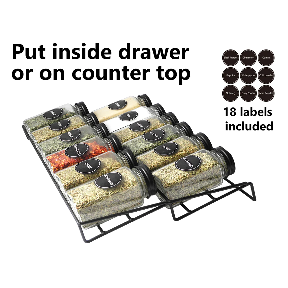 Glass Spice Set 12 pieces with Metal Rack for Drawers