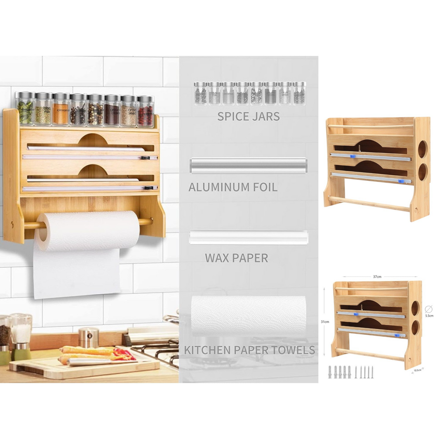 4-in-1 Bamboo Foil Cutter and Kitchen Roll Holder