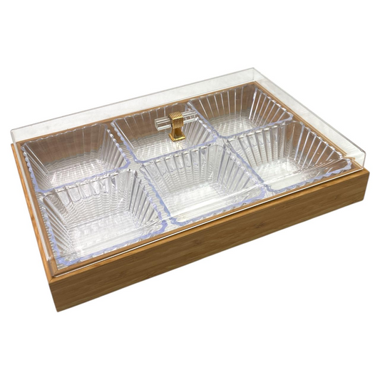 Bamboo Rectangular Condiment Tray with 6 Bowls and Cover