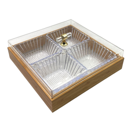 Bamboo Square Condiment Tray with 4 Bowls and Cover