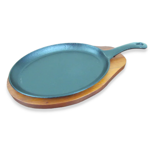 Oval sizzling platter with handle and wooden base - Lunaz Shop