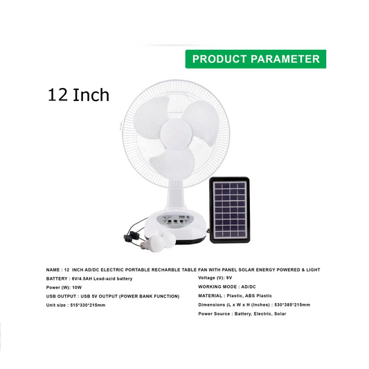 Rechargeable Fan 12" with Solar Panel & 2 LED bulbs. - lunaz shop