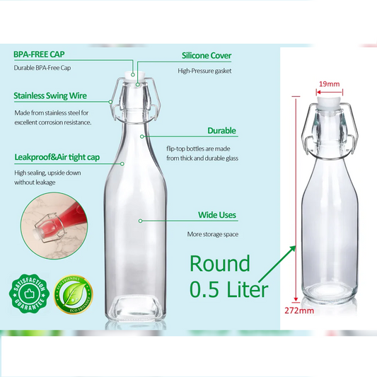 Round Glass Bottle with Flip-top Airtight Lid 0.5 Liter - Lunaz Shop