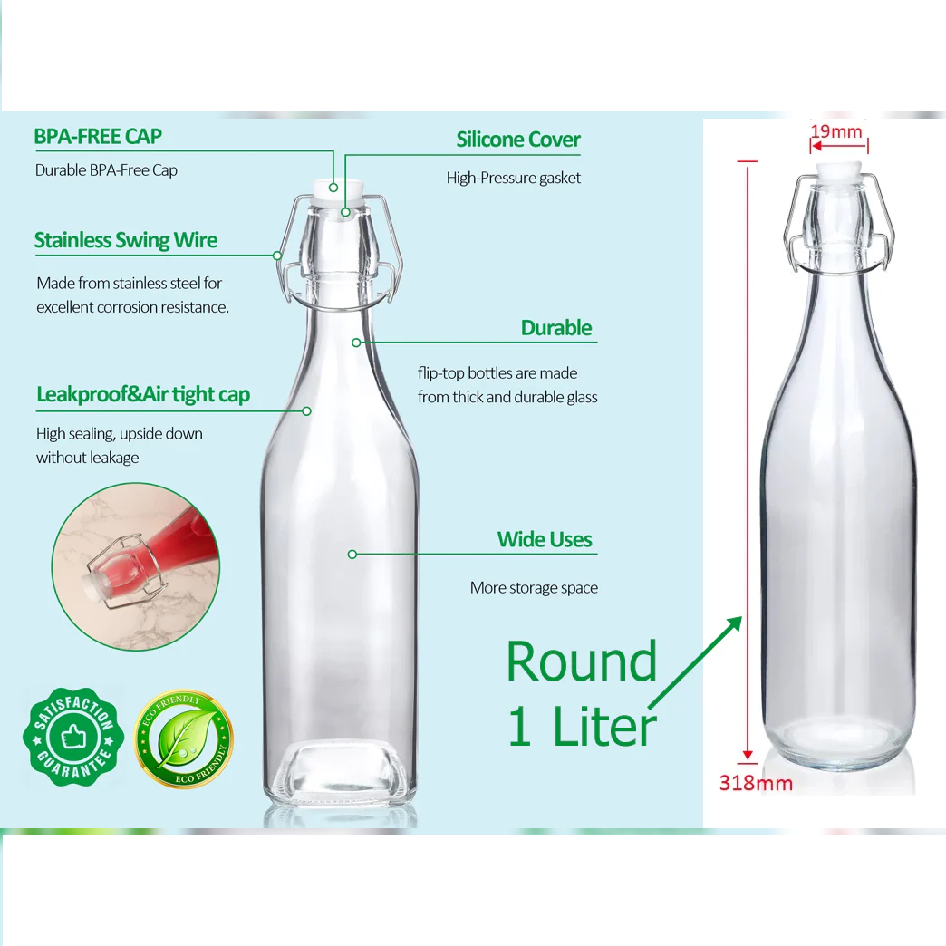 Round Glass Bottle with Flip-top Airtight Lid 1 Liter - Lunaz Shop