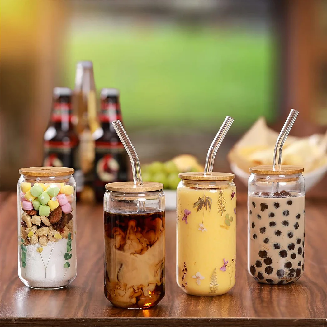 Round Smooth Clear Glass Drinking Cup with Bamboo Lid 400 ml