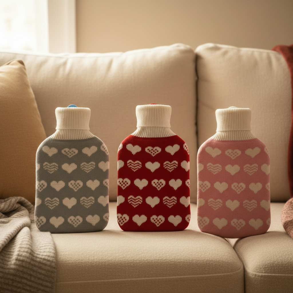 Rubber Heat Water Bag with Wool Shirt Hearts Designs