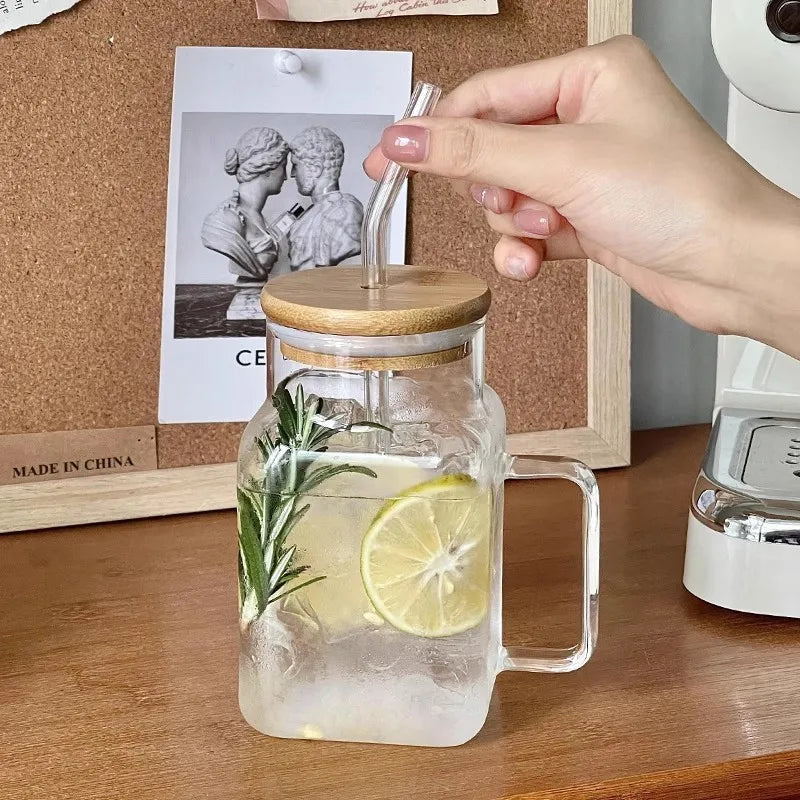 Large Square Clear Glass Drinking Mug with Bamboo Lid