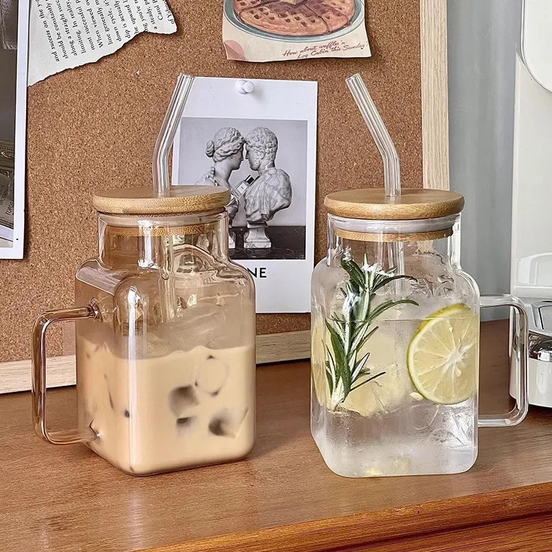 Large Square Clear Glass Drinking Mug with Bamboo Lid