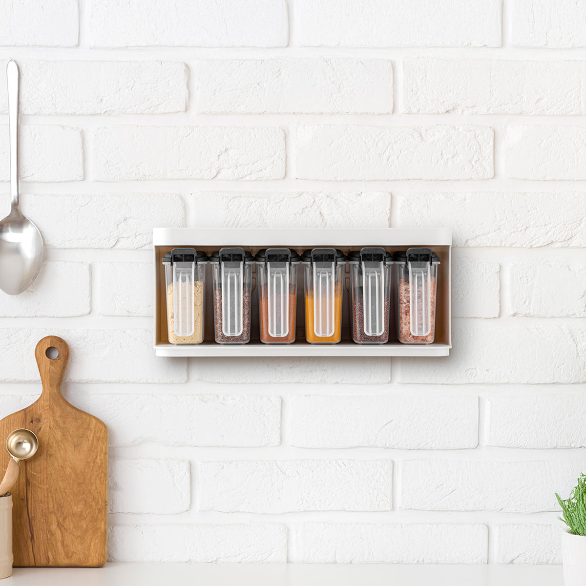 Block Set of 6 slim spice boxes with spoons on stand