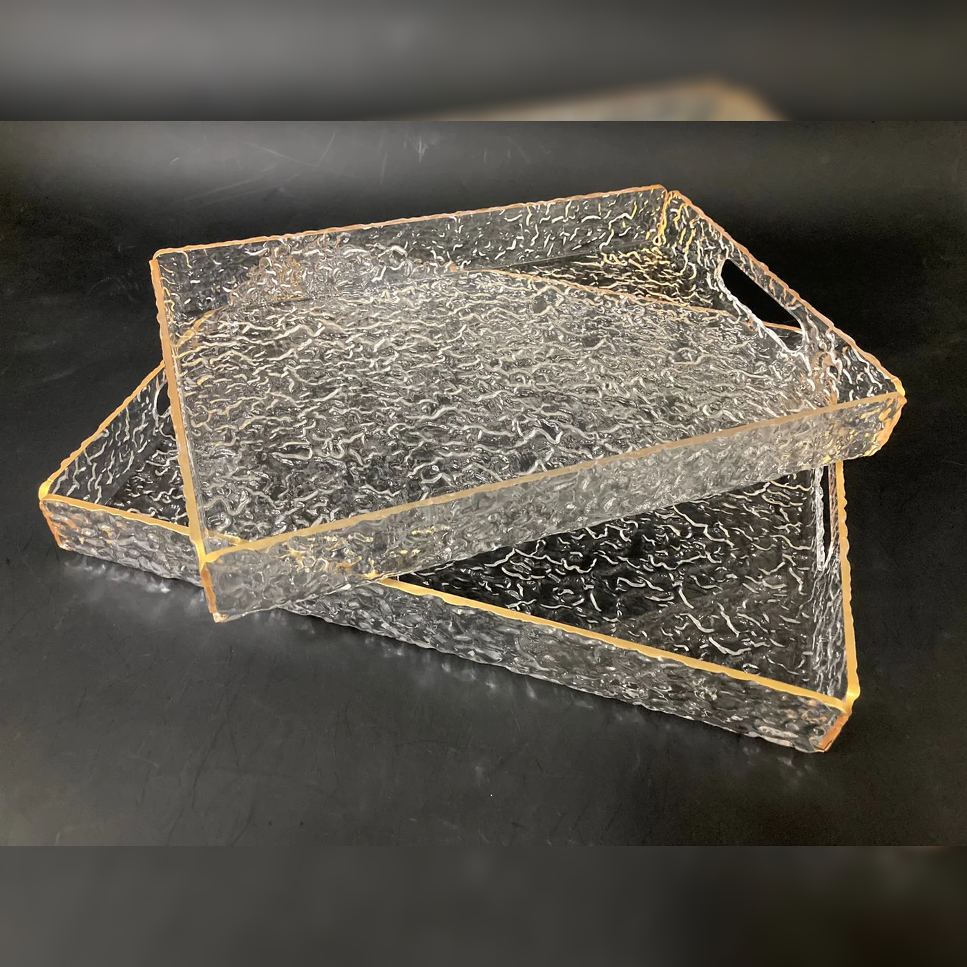 Set of 2 Acrylic Serving Trays Gold rim w Texture Design - Lunaz Shop