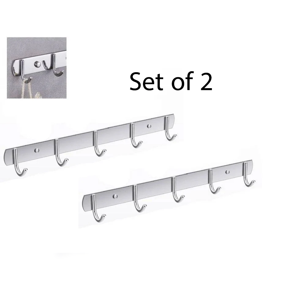 Set of 2 Stainless Steel Wall Mounted 5 Hooks Hanger- Lunaz Shop