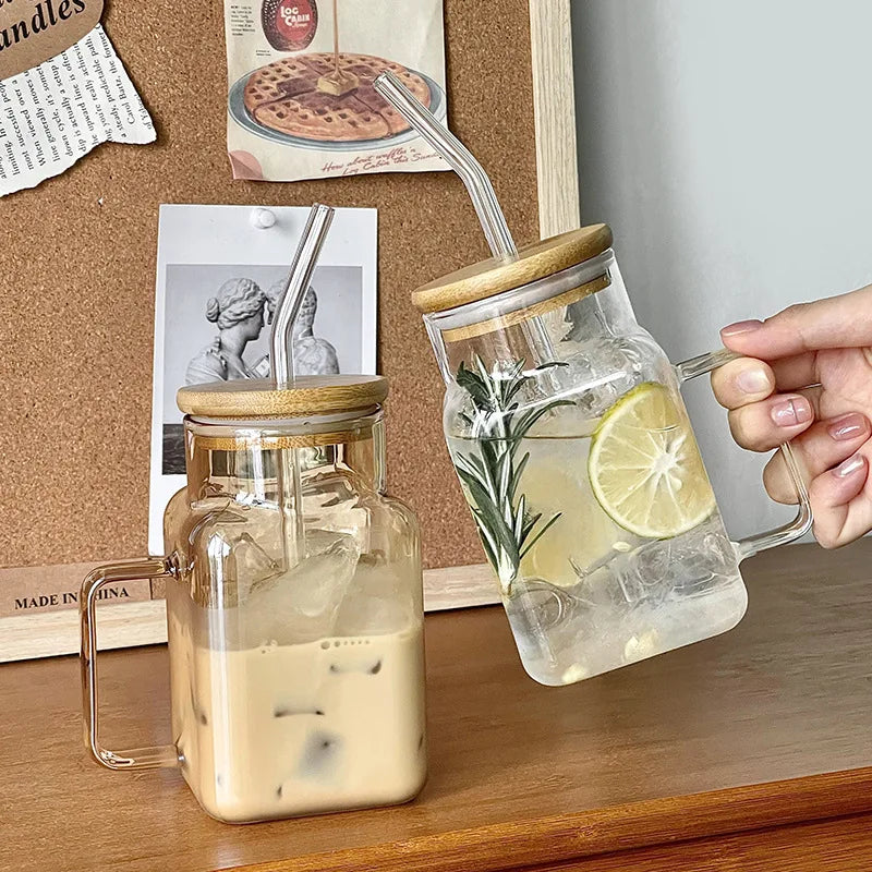 Large Square Clear Glass Drinking Mug with Bamboo Lid