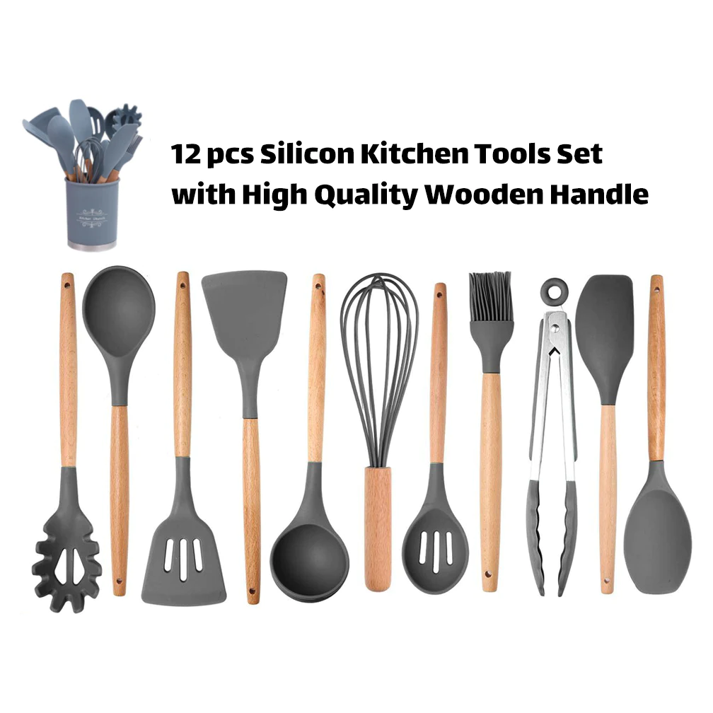 Silicon Kitchen Utensil Set with Wooden Handle 12 pcs - Lunaz Shop