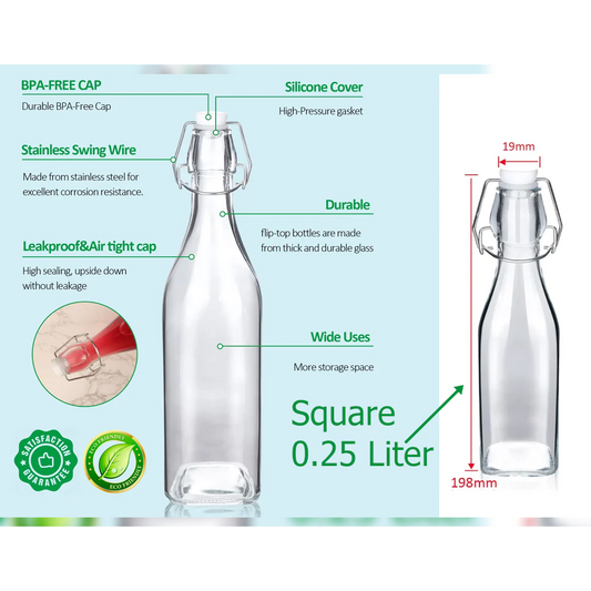 Square Glass Bottle with Flip-top Airtight Lid 0.25 Liter - Lunaz Shop