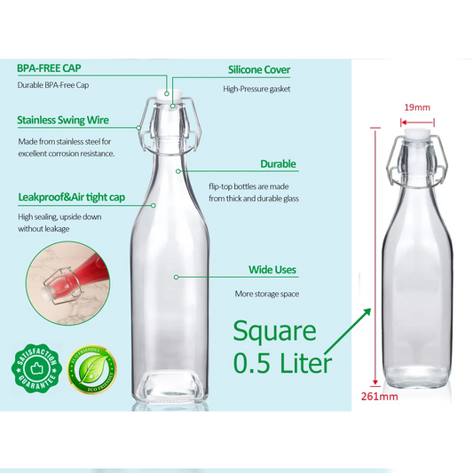 Square Glass Bottle with Flip-top Airtight Lid 0.5 Liter