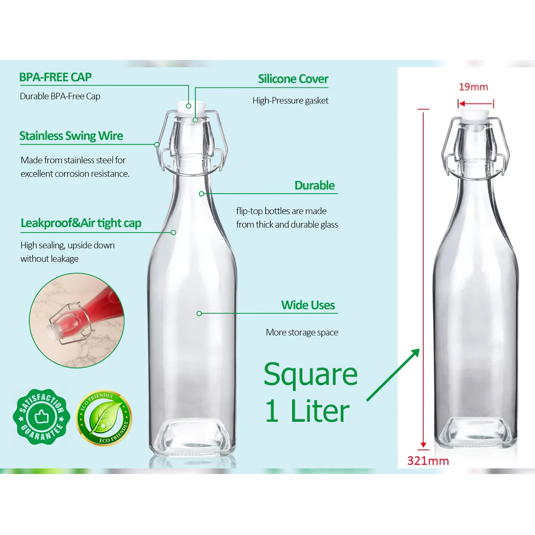 Square Glass Bottle with Flip-top Airtight Lid 1 Liter - Lunaz Shop