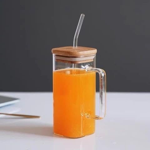 Square Smooth Clear Glass Drinking Mug with Bamboo Lid  - Lunaz Shop
