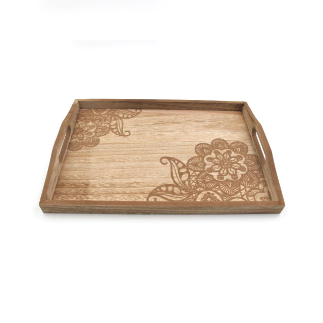 Wooden "Flower Engrave" Small Tray- Lunaz Shop