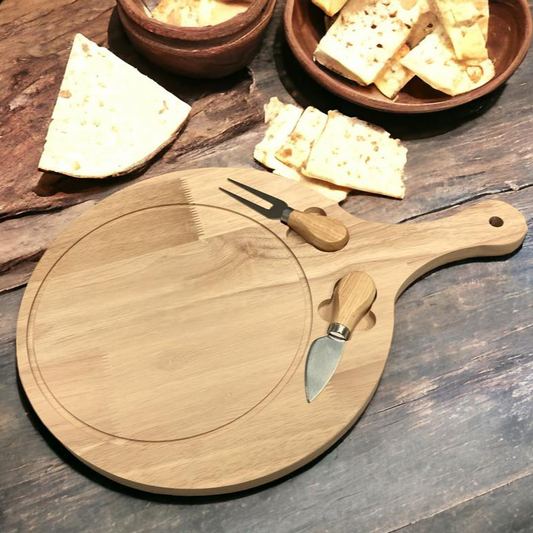 Wooden Round Cheese Board with Long Handle and 2 Knives - Lunaz Shop