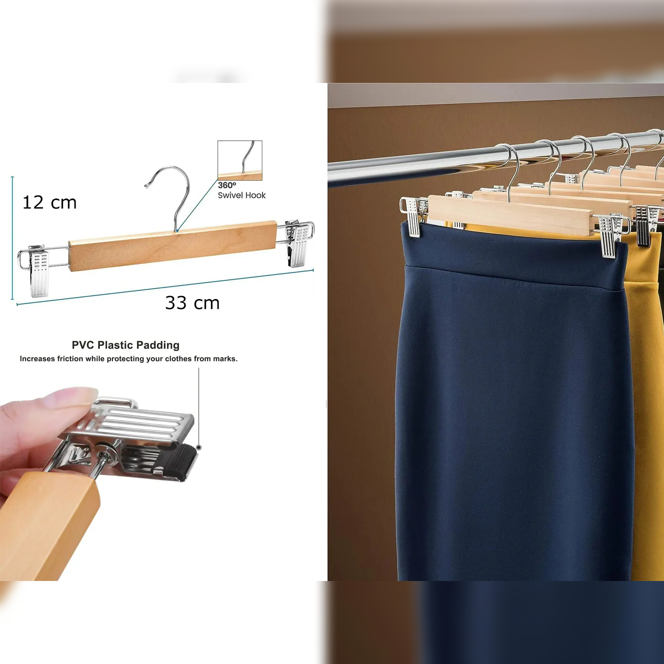 Wooden Skirt Hanger with 2 clips - Lunaz Shop