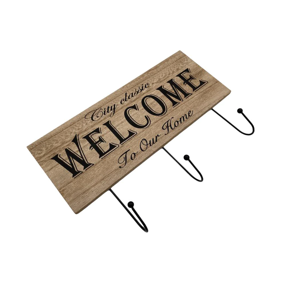 Wooden "Welcome" Wall Hanger 3 Hooks - Lunaz Shop