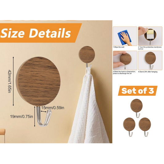 Wood Grain Round Self Adhesive Hooks X3